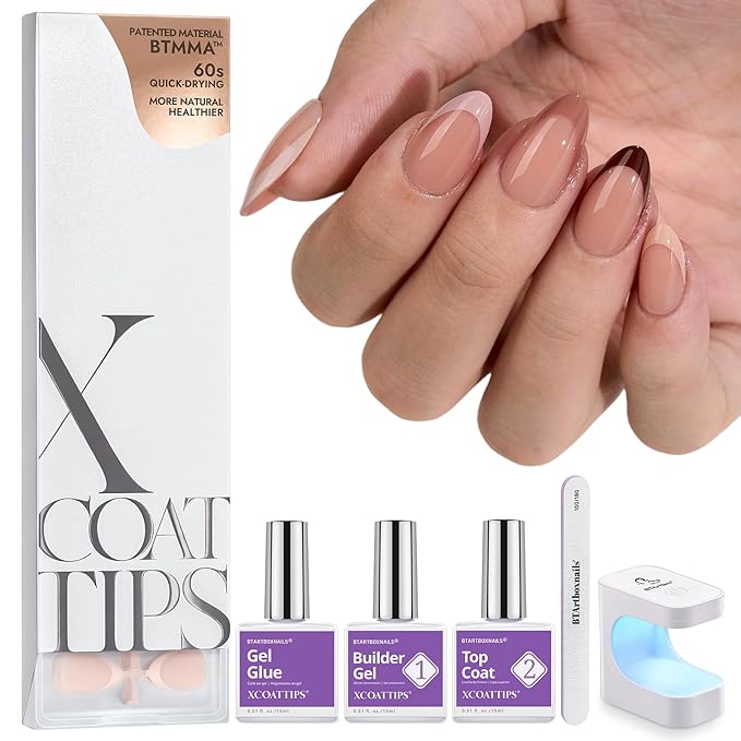 BTArtboxnails XCOATTIPS Press on Nails Short - Skin Tones Almond Nail Tips, Soft Gel Nail Tips with Nail Gel, French Protecting Duo, Nail Lamp, All in One Fake Nails French Tip Nails Kit