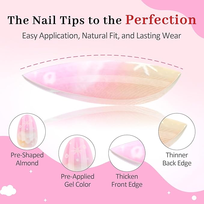 16 Sizes Press on Nails Kit for Kids - 32 Pieces French Almond Fake Nail Tips for Girls 8-12 Years Old with Jelly Nail Adhesives & No-Lamp Nail Glue, Birthday Christmas Gifts(Dream Stars Cloud)