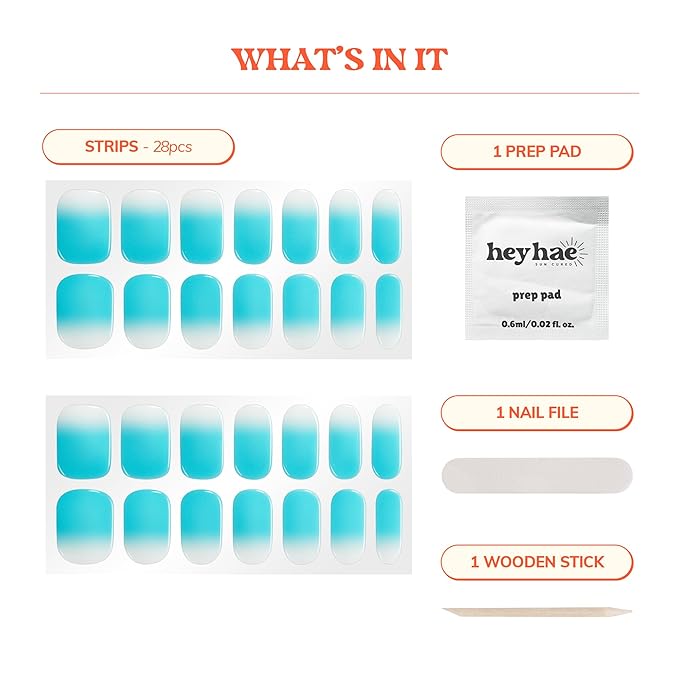 Heyhae Semi Cured Gel Nail Strips | No LED Lamp Needed | Ombre, Blue, Spring | Easy Apply & Remove, Salon Quality | Includes 28 Strips, 1 Prep Pads, Nail File & Wooden stick - Hey, Blue Me Away