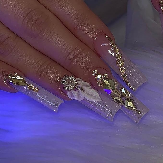 RTKHFZE Press on Nails Long Square Acrylic False Nails Glitter Full Cover Fake Nails with Rhinestones Flower Designs Nails Press Ons for Prom/Party/Holiday - Gift for Women
