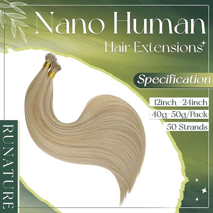 RUNATURE Nano Bead Hair Extensions Human Hair Ash Blonde Highlight Light Blonde, 20 Inch 50G 50 Strands, Invisible Nano Tip Hair Extensions Remy Soft Hair for Women #16P22
