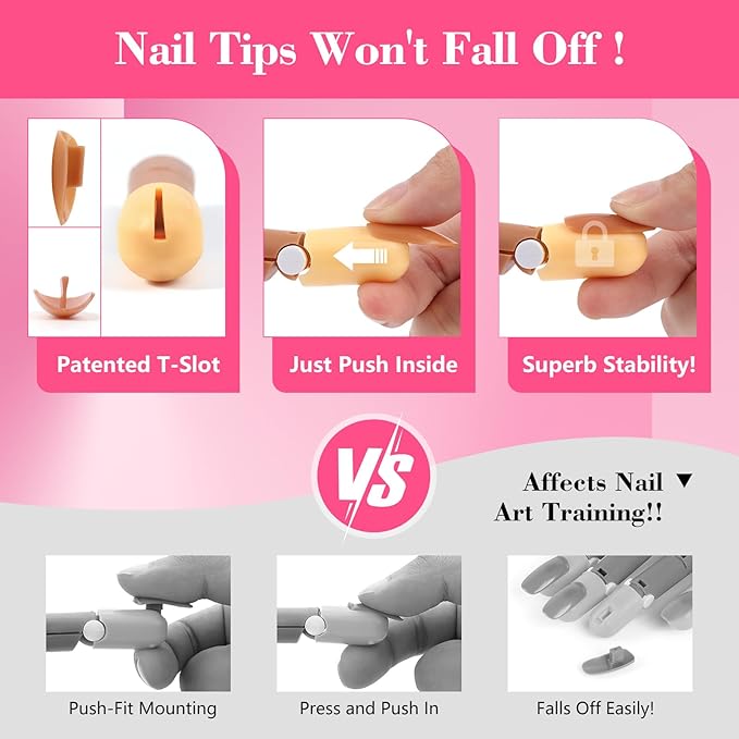 Practice Fingers Hand Acrylic Nails: 3PCS Fake Fingers to Practice Fake Nails - Manicure Acrylic Nail Hands Training Set with Base and 200PCS Brown Nail Tips for Nail Supplies