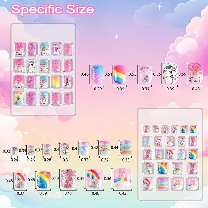 Allstarry 6 pack Children Nails Press on Pre-glue Full Cover Glitter Unicorn Rainbow Star Short False Nail Kits Lovely Gift for Children Little Girls Nail Art Decoration - Neon Unicorn