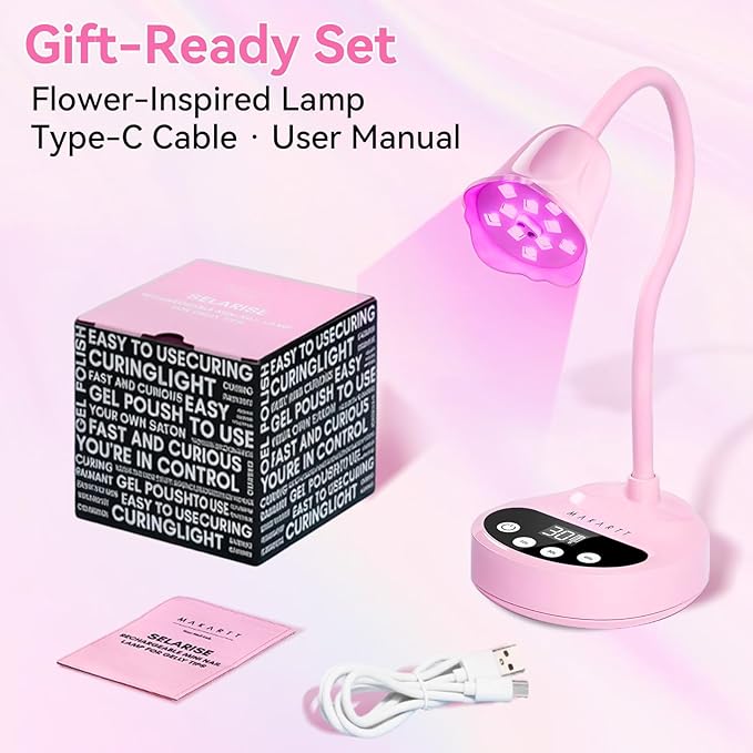 Makartt UV Nail Lamp - Gooseneck LED Nail Light with Auto Sensor & 4 Timers, Rechargeable USB Cordless Flash Cure Lamp Nail Dryer Fast Curing Gel Polish at DIY Home Salon(Pink)