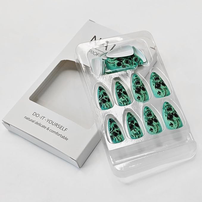 Halloween Fake Nail,Stiletto Press on Nails Long,Dark Green False Nails with Horror Skull & Scar Face Pattern Designs | Full Cover Acrylic Nails Stick on Nails for Women Halloween Manicure 24Pcs