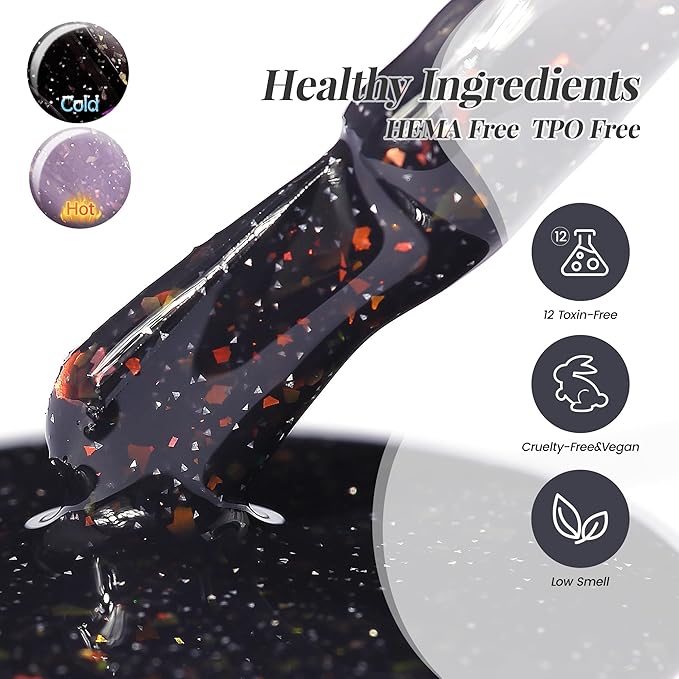 YTD Likomey Color Changing Gel Nail Polish 2 Pcs Set,15ml Grayish Purple to Black Pure Color and Brocade Glitter Kit,Thermal Ombre Change Colors Manicure UV Varnish,WB2-05