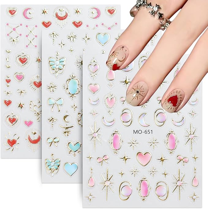 3 Sheets Valentines Nail Stickers for Nail Art Gold Baroque Jewel Red Blue Pink Heart Love Moon Bow Designs 5D Embossed Self Adhesive Nail Decals for Women DIY Manicure Decoration YX1237