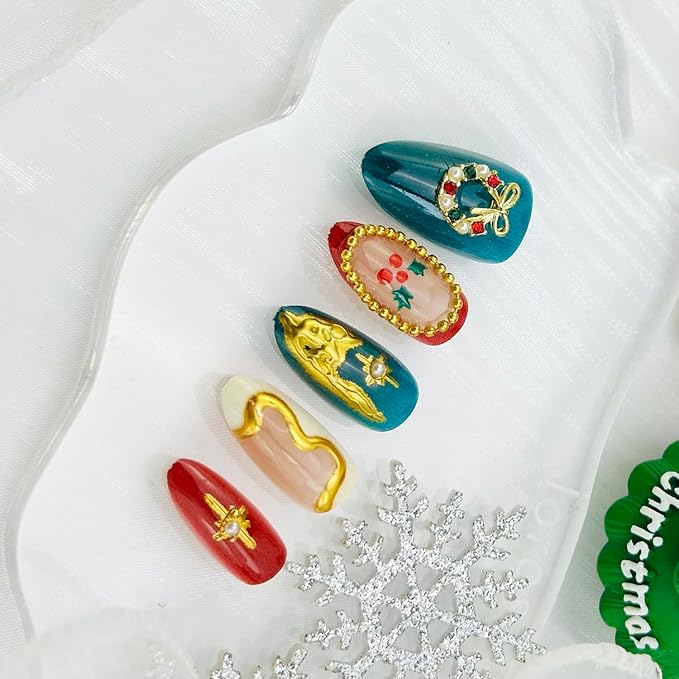 24pcs Christmas Press on Nails Medium Almond Fake Nails Winter Snowflake Full Cover False Nails with 3d Pearl Rhinestones Designs Xmas Tree Wreath Star Glue on Nails for Women Nail Decoration Supplies