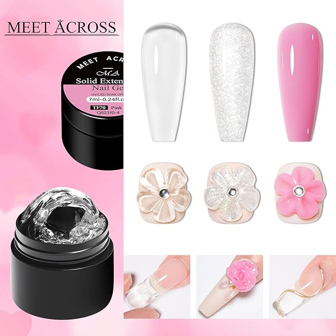 MEET ACROSS 7Pcs Solid Builder Nail Gel 5 IN 1 Solid Builder Gel for Nails Clear Pink Sliver Non-Stick Hand Nail Extension Gel Manicure DIY for Women