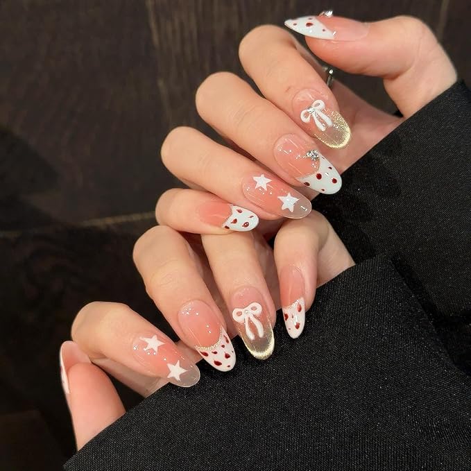 Valentine‘s Day Leopard Print Press on Nails - Gold Glitter French Tip & Bow Design, Medium Almond Nude Gradient Acrylic Fake Nails for Women (Sweet Leopard Chic, M)
