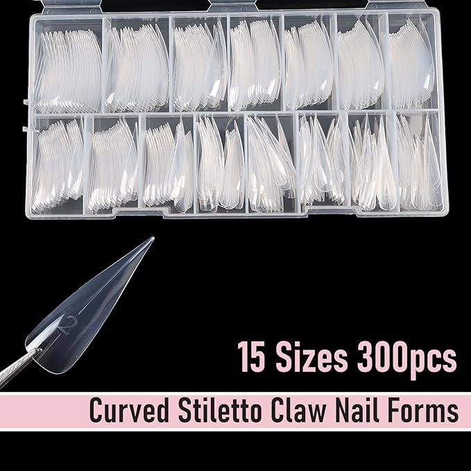 300pcs Curved Stiletto Nail Dual Forms for Poly Gel Extension, 3D Eagle Claw Nail Mold Long Cat Claw XXL Hawk Curve Sculptural Reusable Full Cover Nail Form 15 Sizes Q43