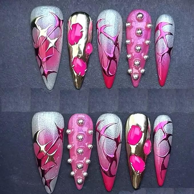 Handmade Press on Nails Long Stiletto Fake Nails Ombre Red False Nails Silver Foil Rhinestone Glue on Nails Reusable Full Cover Halloween Nail for Women Girls Manicure 10PCS Size L
