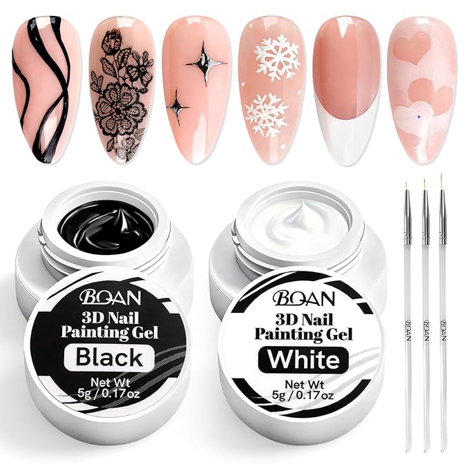 BQAN Nail Art Gel Paint Set – Black & White Gel Nail Polish for French Tips Flowers Drawing Ombre Design No Wipe, UV/LED Curing, Home & Salon Use