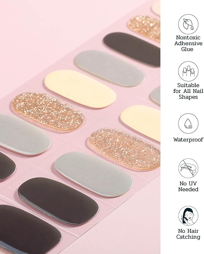 Nail Polish Strips (No UV Lamp Needed) - 22 Pcs Salon Quality Gel Nail Stickers - Long Lasting Wraps (Sparrow Brown&Yellow)