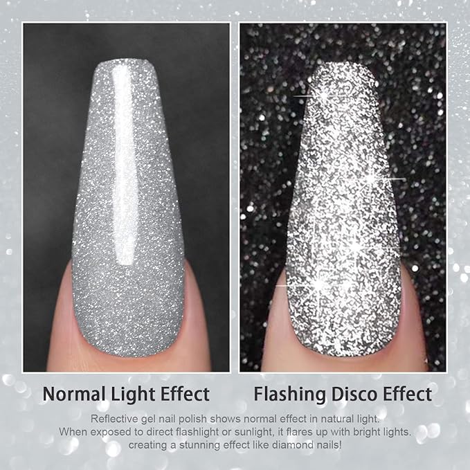 RARJSM Gel Polish Reflective Glitter,Gel Polish Glitter Silver,Flash Diamond Nail Gelpolish Soak off Disco Shimmer Gel Nail Polish UV LED Curing Requires 15ml for Home Salon Diy Nails Manicure
