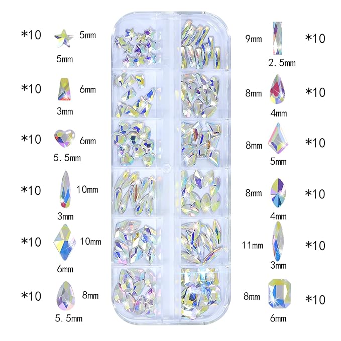 HNUIX Nail Rhinestones - 3D Multi Shape Size, AB Crystal Nail Gems and Charms, Flat Back, with Kit, for Nail Art, DIY Decorations