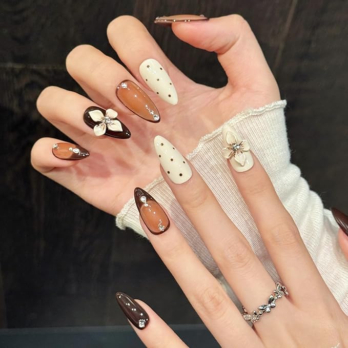 3D handmade nails press on false nails,Thick Strong Waterprooft almond hand-painted caramel off-white polka dots flower rhinestone acrylic fake nails designed kit,10 Nails, Size L #684