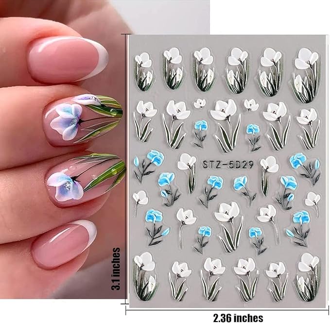 5D Embossed Flowers Nail Art Stickers for Acrylic Nails,8 Sheets Engraved Flower Butterfly Nail Decals Spring Summer Nail Art Accessories French Tips Nail Designs Self Adhesive Nail Stickers for Women