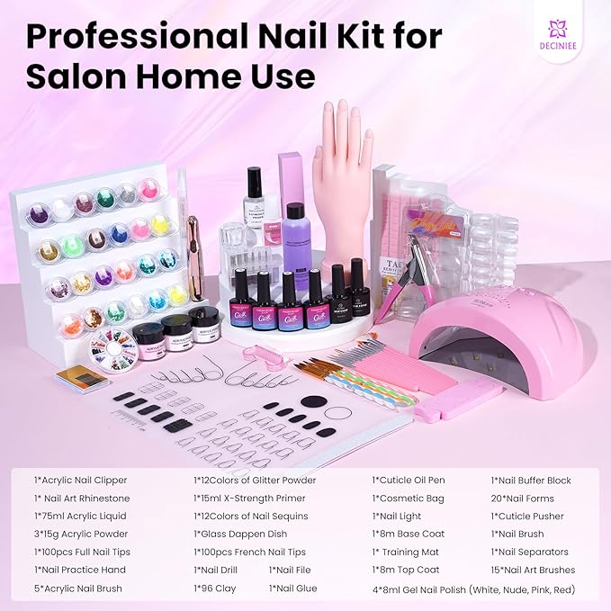 Nail Kit for Beginners with Everything: Professional Nail Kit Acrylic Set with Practice Hand Drill U V Light Gel Polish in Makeup Bag Gift for Women Salon Home (Holo Pink)