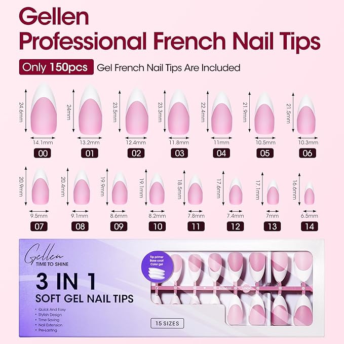 Gellen Almond French Tip Press on Nails Pink, 3 in 1 Soft Gel Nail Tips, Pre-colored Press on Nails Medium Almond Fake Nails with White Tips, Nail Extension Gel Nails Tips