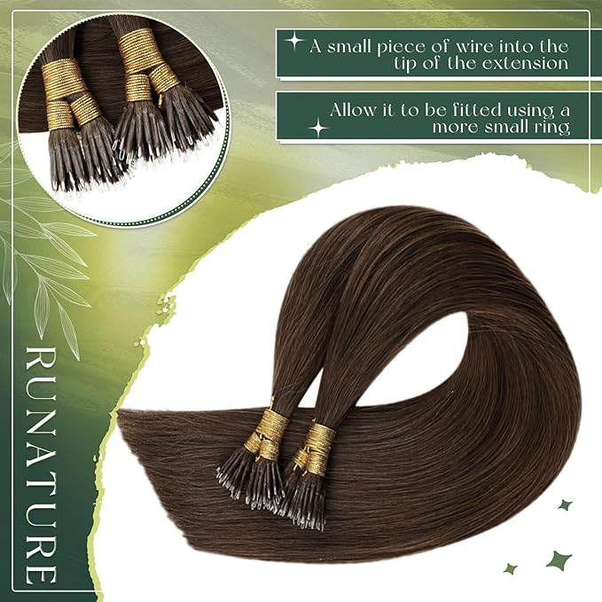 RUNATURE Nano Hair Extensions Real Human Hair Brown Nano Ring Extensions Straight 18 Inch Nano Bead Hair Extensions Human Hair for Women Remy Natural Hair No Glue 50g 50s