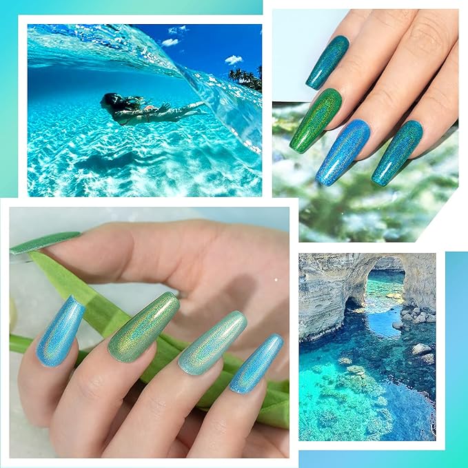 RARJSM Holographic Gel Polish Set,Turquoise Green Gel Nail Polish Kit Glitter Summer Collection Soak Off 6PCS 7.5ML Curing Required Unicorn Mirror Laser Effect Nail Gel for Salon Home Manicure