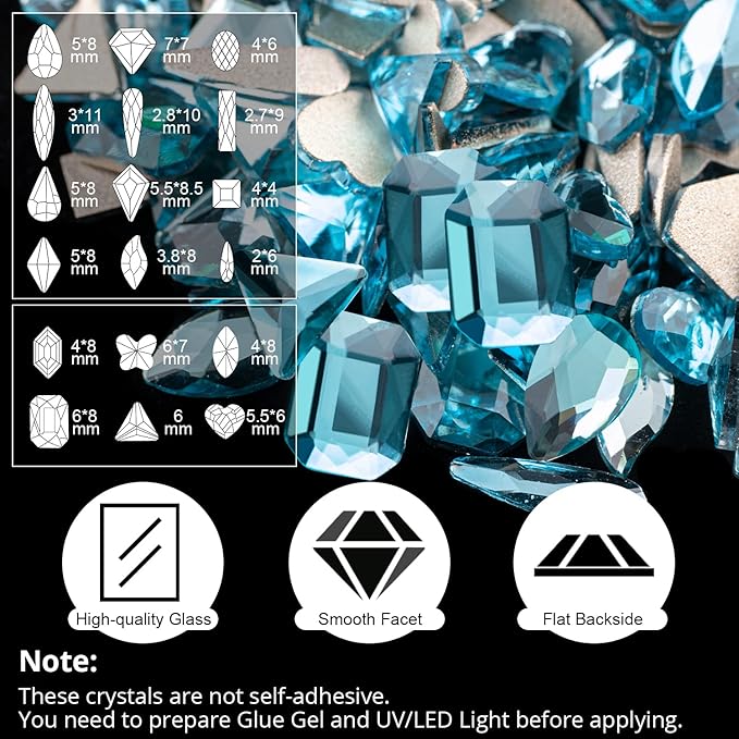 18 Styles Multi-Shaped Glass Gemstones for Nails and 6 Sizes Round Crystal Rhinestones Kit #8, Lake Blue Nail Art Charm Bead Manicure Decoration with Pickup Pencil and Tweezer
