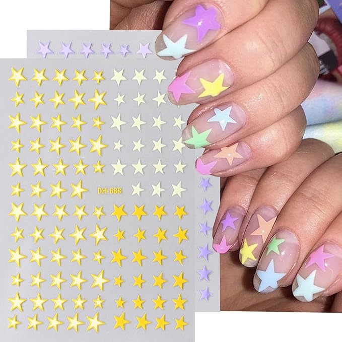 6Sheets Star Nail Art Stickers 3D Nail Decals with Shiny Colorful Five Pointed Star DIY Design Stars-Shaped Nail Adhesive Slider Accessory Manicure Decoration for Women Daily Wear