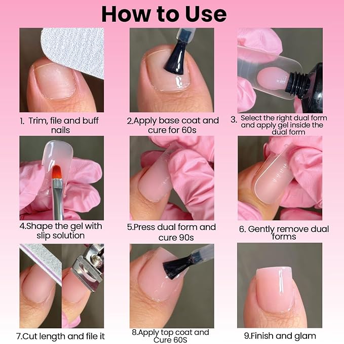 Poly Gel Nail Kit for Toes,GlimightyX Polygel Toenail Kit 3 Color Clear Pink White Poly Gel with 16 Sizes Dual Forms 40ml Slip Solution Nail Clips File Brushes,Toenail Extension DIY Salon Home
