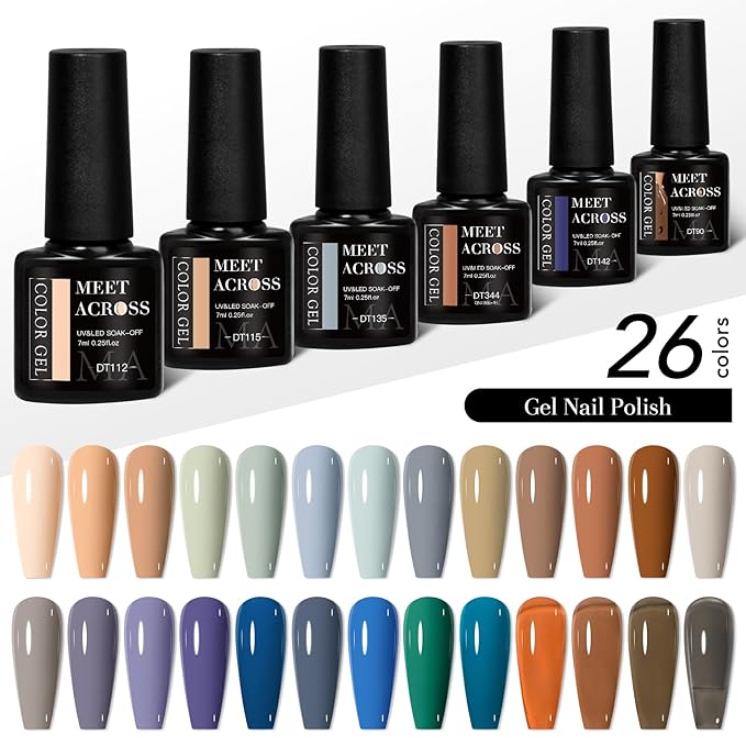 MEET ACROSS 30Pcs Nude Brown Gel Nail Polish Set Gel Polish Grey Blue Purple Roasted Chestnuts Chocolate Series Gel Nail Kit Gift for Women 26 Colors