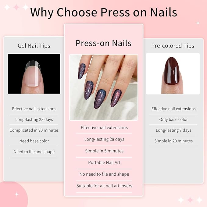 Dark Blue Almond Cat Eyes Press On Nails,12 Sizes - 24 Pcs Soft Gel Blue Medium Fake Nails Kit with Nail Glue, Natural Reusable Stick On False Nails for Women and Girls SK1008
