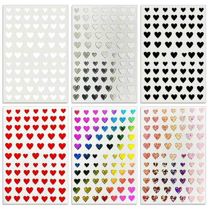 Valentine's Day Nail Art Stickers - Sexy Laser Heart Nail Decals, Self-Adhesive 6 Colors Black White Red Pink Kiss Heart for DIY 3D Nail Supplies Decoration (6 Sheets)