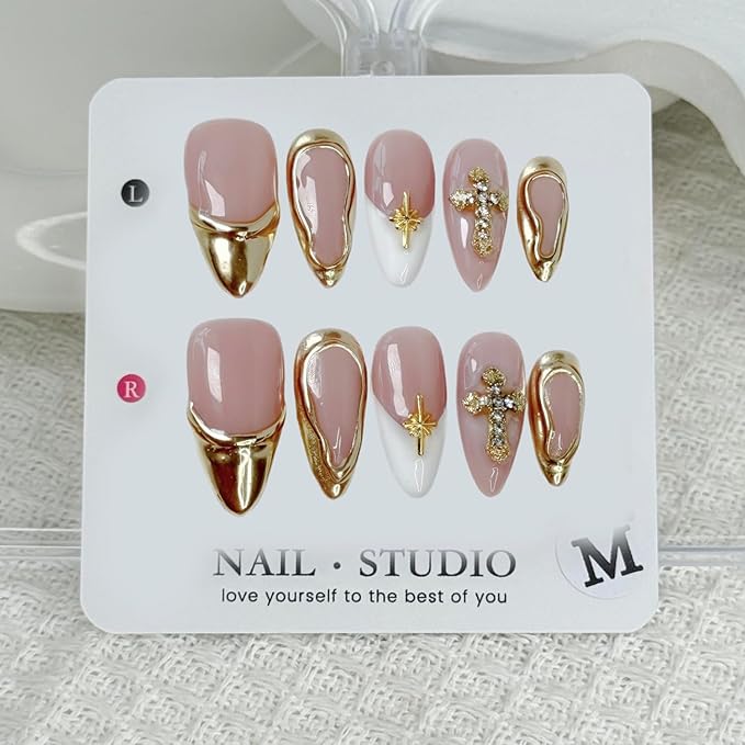 Handmade Fake Nails Medium Almond Press on Nails Rhinestones 3D Gold Curve Line False Nail French with Cross Designs Glossy Glue on Nail DIY for Women Manicure Art (Size S)
