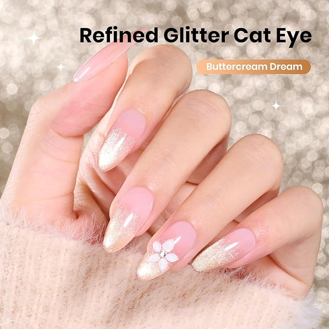 Beetles Buttercream Dream Nude Cat Eye Gel Nail Polish - 15ML Nude Gel Polish Cat Eye Base Color Glitter Magnetic Translucent Glassy Effect Soak Off UV French Nail Art DIY Manicure Gifts for Wome