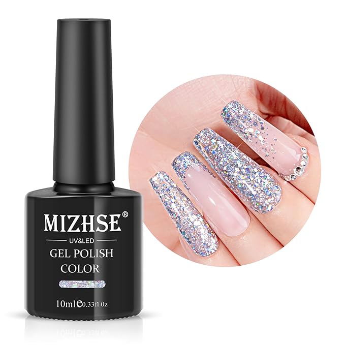 MIZHSE Silver Glitter Gel Polish, Sparkly Shiny Diamond Shimmer Soak off UV LED Gel Nail Polish for Nail Art Salon Home DIY Manicure 10ml