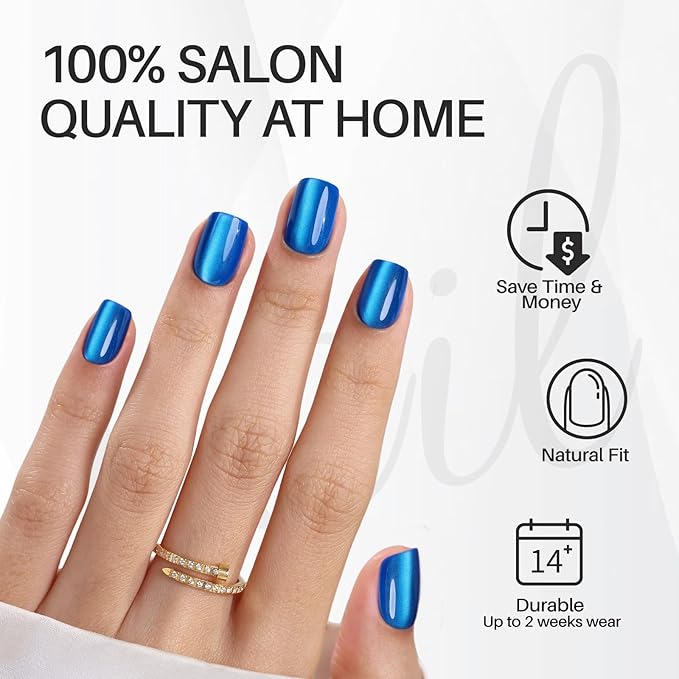 Blue Cat Eye Press on Nails Square - SHANGMENG Soft Gel Press on Nails Short for Women Gift, Fit Perfectly & Natural Stick on Nails with Glue in 16 Sizes - 32 Reusable Fake Nails, Royal Blue