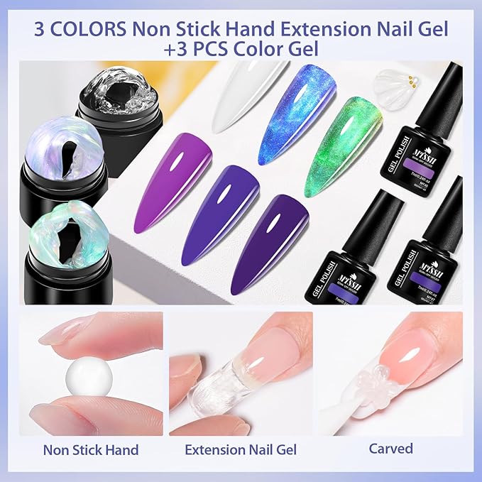 MTSSII 3d Gel Nail Art Set: White Aurora Blue Green Non Stick Hand Solid Builder Gel All-in-1 Kit for Carving Extension Blue Purple Nail Polish Home DIY