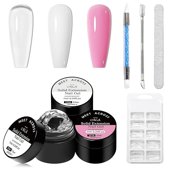 MEET ACROSS Builder Gel for Nails- 3 Colors Builder Gel Kit Nail Extension Clear White Pink Hard Sculpted Kit with 100pcs Nail Forms Art Manicurist Gift for Women