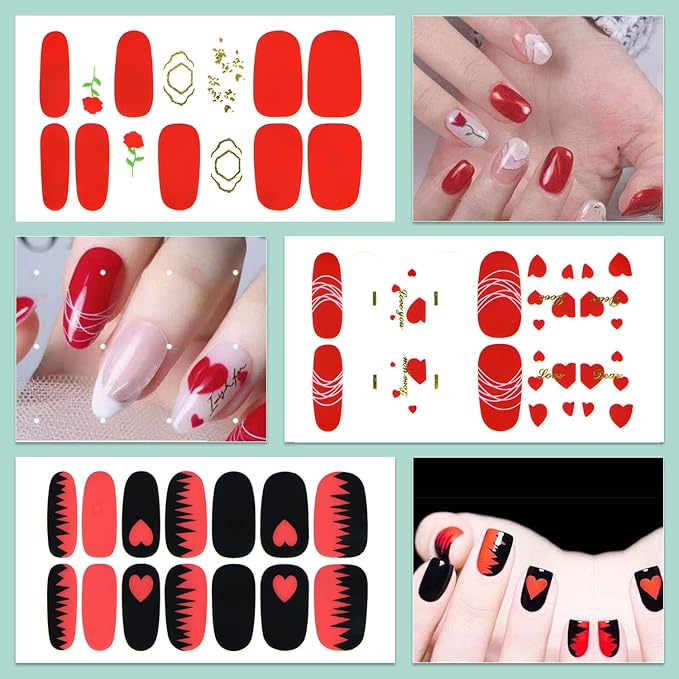 WOKOTO 16 Sheets Nail Polish Strips with Nail File Valentines Day Nail Stickers Full Nail Wraps for Acrylich Nails Heart Shapes Gel Nail Strips Stickers for Nails Self-Adhesive Nail Polish Stickers