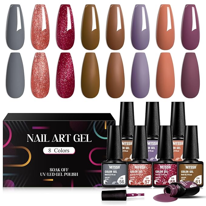 MTSSII Fall Winter Gel Nail Polish Set 8 Colors Brown Red Grey Gel Polish Purple Pink Glitter Soak Off Nail Art Manicure Kit DIY Salon No Wipe Holiday Gift