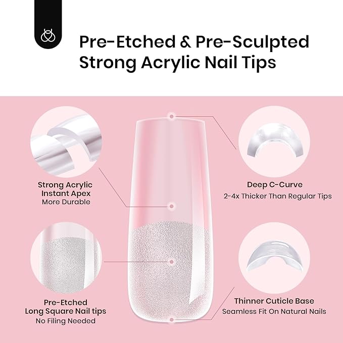 Beetles Tipex Instant Apex Nail Tips Square Long, 512Pcs 16 Sizes Pre-Building & Pre-Etched Gel Nail Tips Thicker Acrylic Nails Strong Full Cover False Nail Extension Press-on Nails