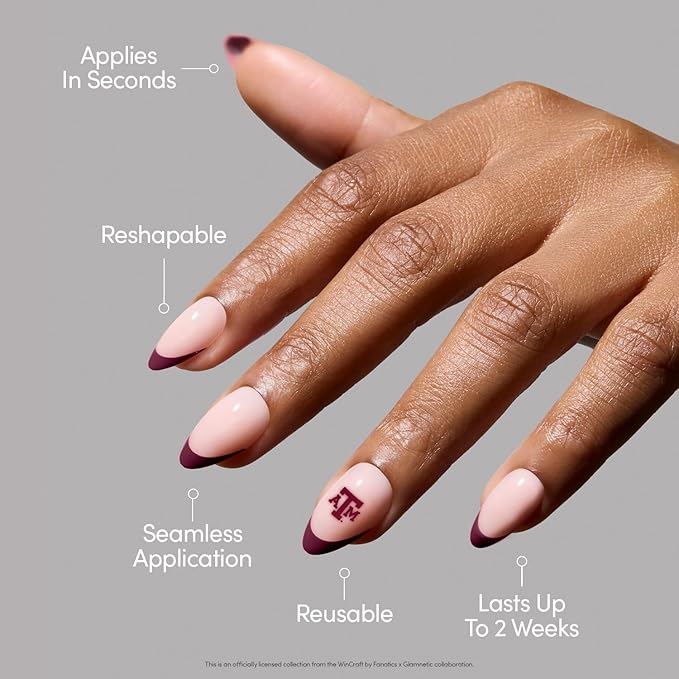 Glamnetic x Fanatics Press On Nails - Texas A&M Aggies | Short Almond Fake Nails, Collegiate Aggies Red French Tips, College Nails, Salon-Quality | 15 Sizes - 30 Nail Kit with Glue