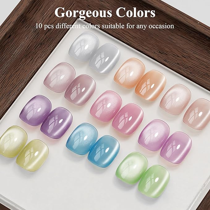 Moonlight Cat Eye Gel Nail Polish Set 10 Colors Magnetic Cateye Gel Polish Shimmer Glitter Mirror Glass Pink Purple Green UV Gel Polish Holographic for Nail Art Manicure DIY at Home Salon