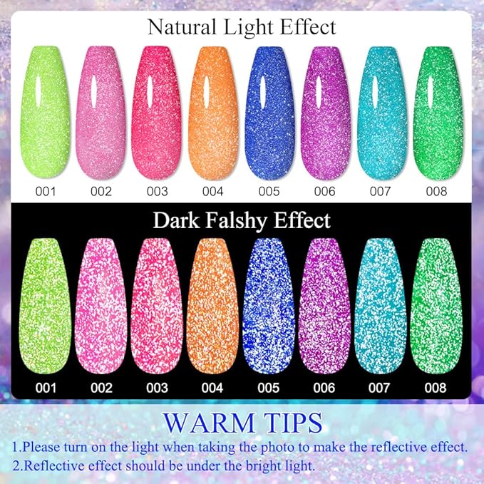 MIZHSE Neon Reflective Gel Polish Set,Sparkly Shiny Disco Shimmer Nail Polish Gel Kit Fluorescent Bright UV LED Soak Off Glitter Nail Gel Polish for DIY Nail Art Salon