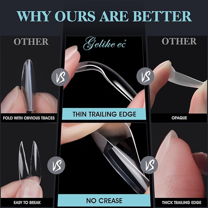 Gelike EC Soft Gel Full Cover Nail Tips Kit for Soak Off Nail Extensions, 552 Pcs Clear Medium Square Gelly Tips Pre-Buff PMMA False Press on Nail Tips, 12 Sizes