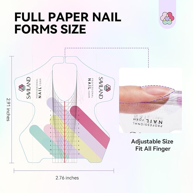 SAVILAND Plus Nail Forms: Reusable Sticky Nail Form for Builder Gel Super Adhesive Nails Extension Forms for Acrylic Nails with Precise Length Guide