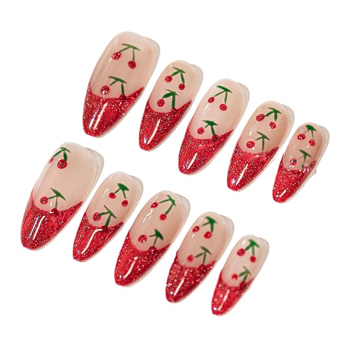 Sun&Beam Nails Handmade Press-on Medium Long Amlond Red Nude Beige French Cherry Sweet Design Fashion False Nail Tips 10 Pcs Set (#217 M)