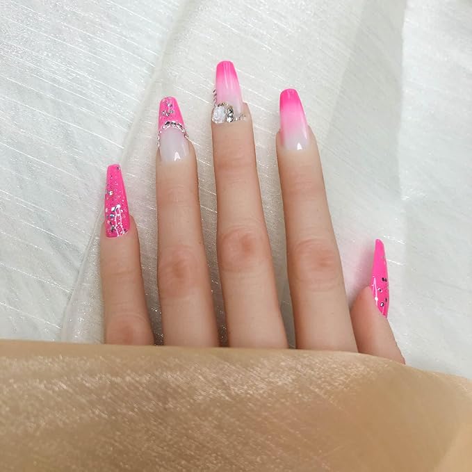 2025 Handmade Reusable Medium Pink Gradient Press-On Nails French Stickers Rhinestones Full Coverage Fake Nails for Women (Gradient Pink, Short)