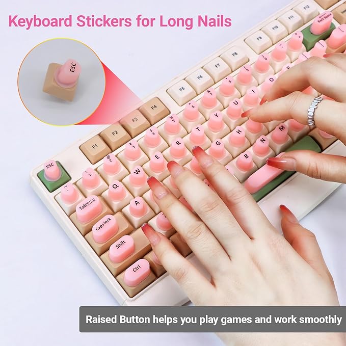 Raised Keyboard Stickers for Long Nails with Letters - Heart-Shaped Antistatic Silicone Protective Cover with Tweezers, Wet Wipes, Dry Towel & Jelly Glue, Ideal for Typing, Gaming & Nail Art (70 Pcs)