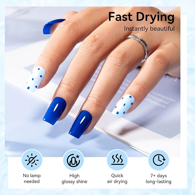 Blue Nail Polish Set: 6 Colors Light Blue Dark Navy Teal Ocean Baby B lue Collection Toe Fingernail Polish, Quick Dry Non Gel, High Gloss Shine, Healthy Nail Art DIY Manicure Gift